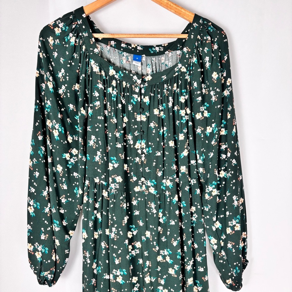 Old Navy Dark Green Floral Tiered Maxi Dress Size M Long Sleeve Boho Prairie - Picture 4 of 13